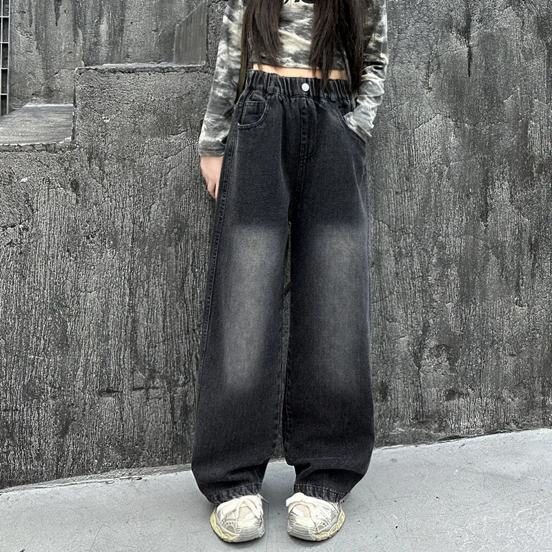 Teenage Child Vintage Straight Fit Black Jeans for Tween Girl Casual Gradient Denim Pants Kids New Fashion Jeans Trousers 4-14Y