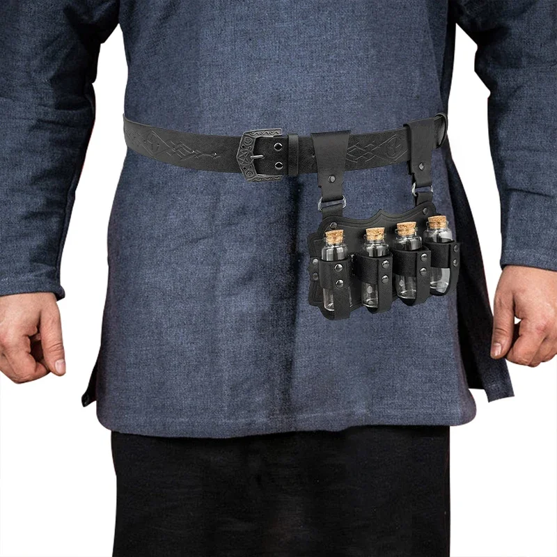 

Medieval Alchemist Costume Belt with Four Alchemist Bottles Adjustable PU Leather Waist Belt Halloween Cosplay Accessories