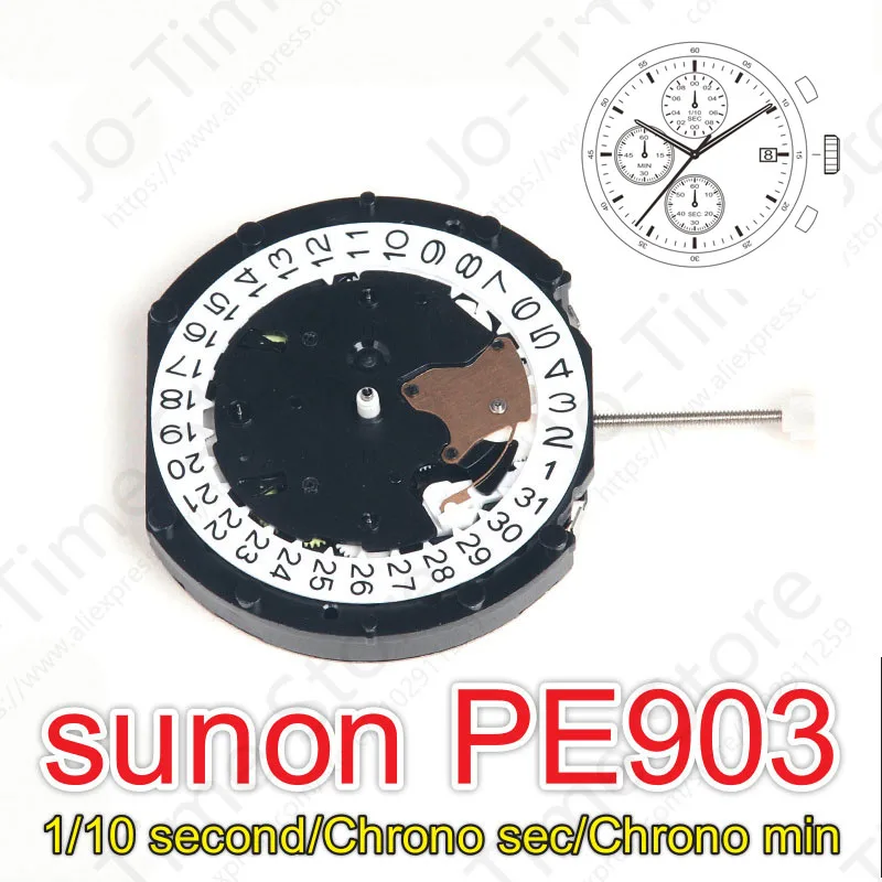 PE903 Movement Sunon Pe90 China Ligne Quartz Three Hands With 3eyes &Date Small Chronograph Second & Minute,1/10second PE903-3