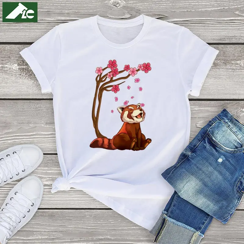 FLC Trend Cotton Sakura Red Panda Cherry Blossom Japans Favorite Flower Women T Shirt Casual Unisex Tops Graphic Female T Shirt