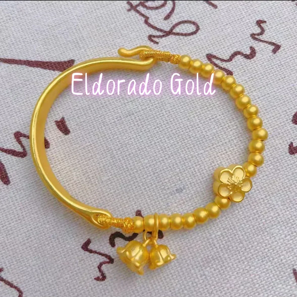 Pulsera de oro auténtico 24K 9999 Eldorado Gold, pulsera de media caña Convallaria AU750 para mujer, pulsera de dos campanas felices con perlas de melocotón para regalo.