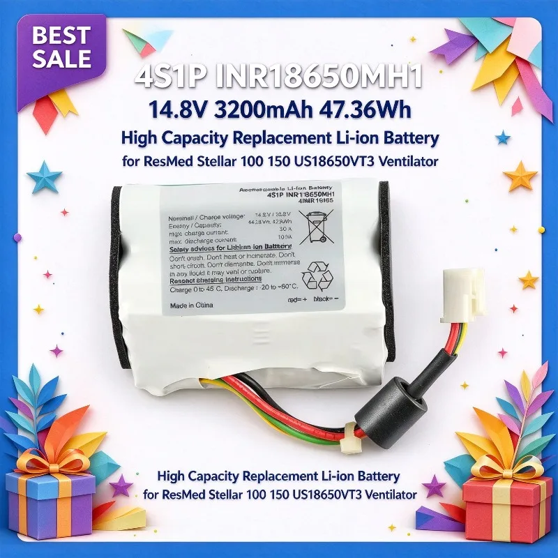 4S1P INR18650MH1 14.8V 3200mAh 47.36Wh High Capacity Replacement Li-ion Battery for ResMed Stellar 100 150 US18650VT3 Ventilator