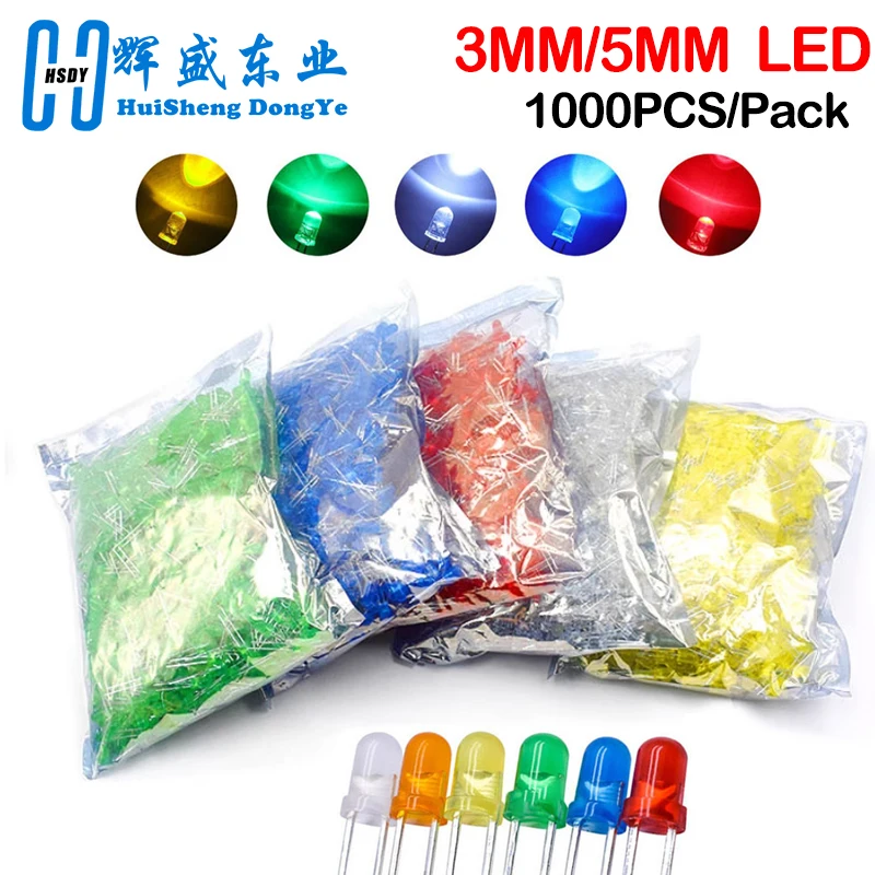 1000pcs/Wholesale F5 5MM F3 3MM Round LED Transparent Ultra Bright Green/Yellow/Blue/White/Red Light Emitting Diode