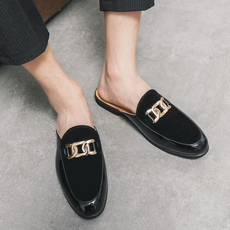 Mens Designer Brand Italian Casual Chain Loafers Leather Luxury Business Men Half Shoes Drop Ship Mules Black Slides Slippers