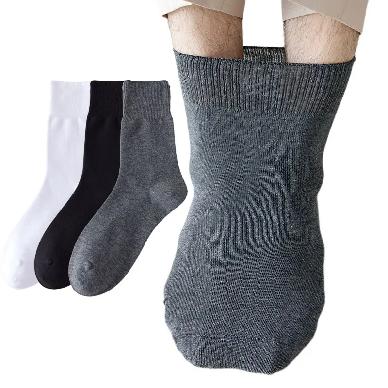 

3 Pairs Men's Loose Cuff Crew Socks in Black White Gray Color Non-binding Socks Plus Size For Men EU shoes 43-48 US 10-13