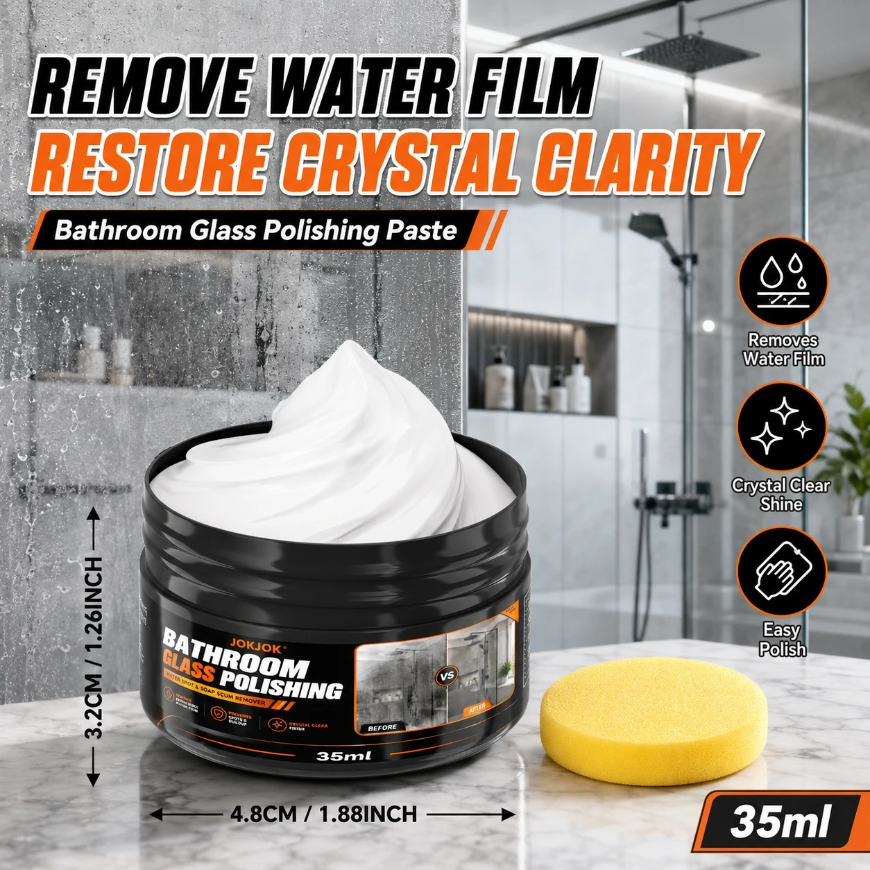 Bathroom Glass Polishing Paste, Powerful Hard Water Stain Remover and Descaler, for Shower Doors, Tiles, Stainless Steel