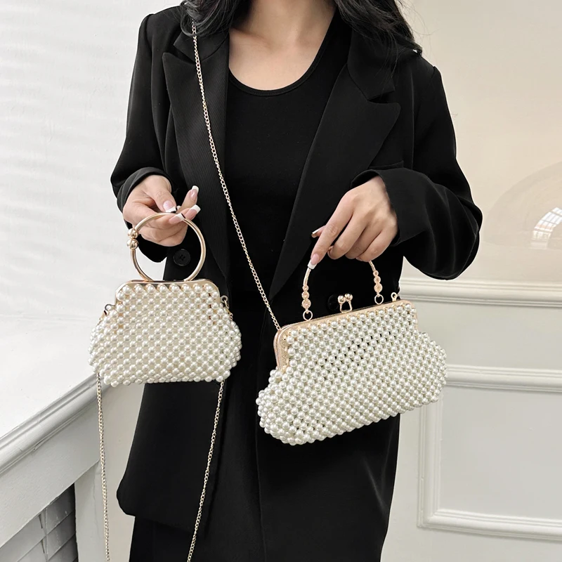 fashion women\'s shoulder bag PROM fashion women\'s bag exquisite Pearl woven clutch bag Wedding party handbag lady crossbody bag