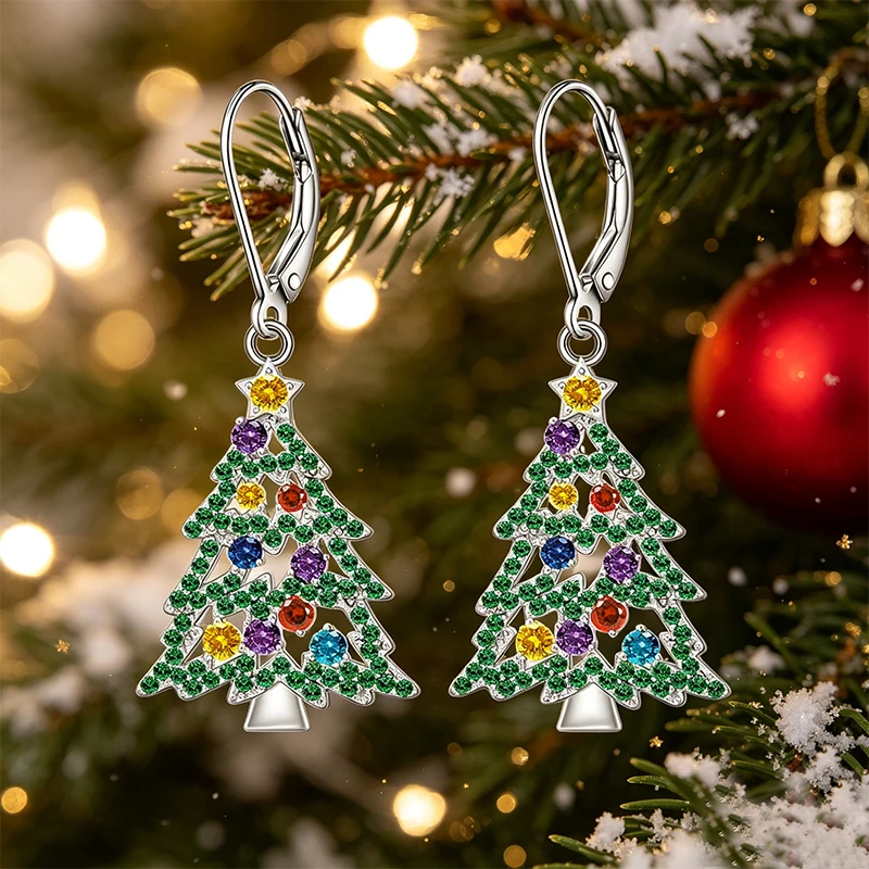 Huitan Bright Christmas Tree Drop Earrings for Women Active Temperament Christmas Ear Accessories Stylish Festival Party Jewelry