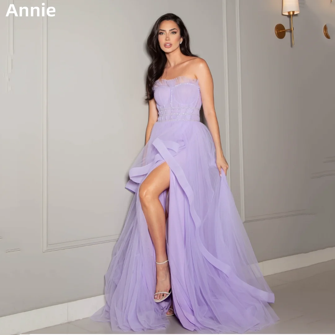 

Annie Glitter Beads Prom Dresses Purple Tulle Curled Edge Evening Dresses Formal Occasions Vestidos De Fiesta Customized