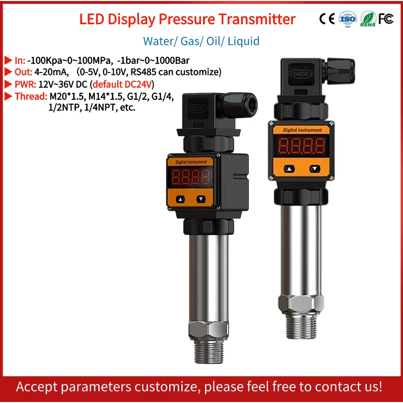 

LED Display Pressure Transmitter 4-20mA Air Oil Hydraulic Pressure Sensor Diffusion Silicon Absolute Pressure Transmitter