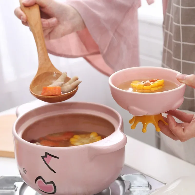 Pink Pig High Temperature Resistance Casserole Handle Ceramic Cookware with Crown Pot Cover Kitchen Supplies Soup Pots