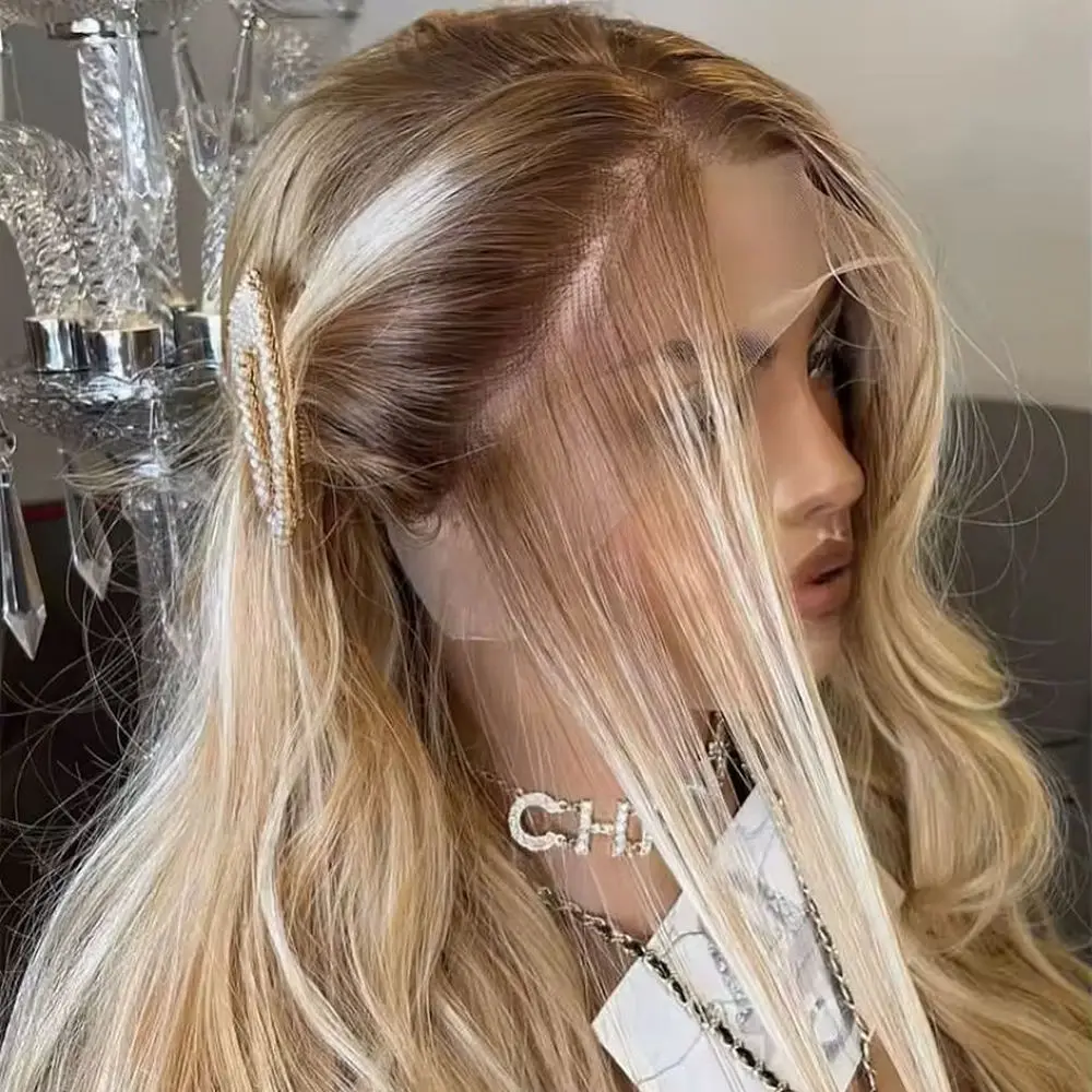 Invisible Body Wave Synthetic Lace Top Wigs High Density Highlight Honey Blonde Glueless Wig With Dark Roots Long Brunette Fibre