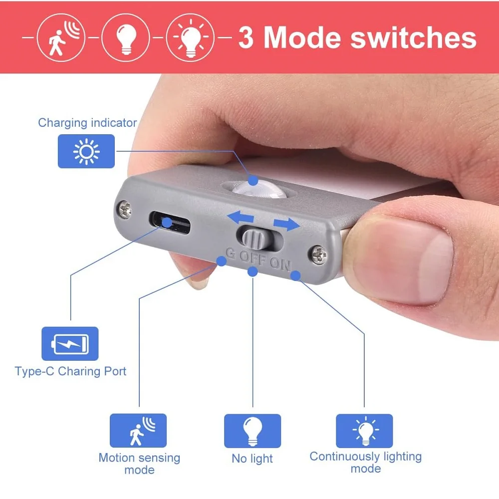 Luz Led recargable con Sensor de movimiento, lámpara nocturna magnética portátil con Cable Usb para armario