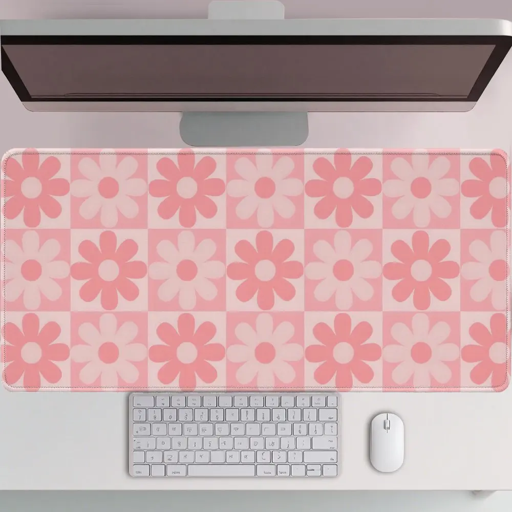 Pink Checkered Flower Desk Mat Large Smooth Surface Non-Slip Rubber Gaming Mouse Pad