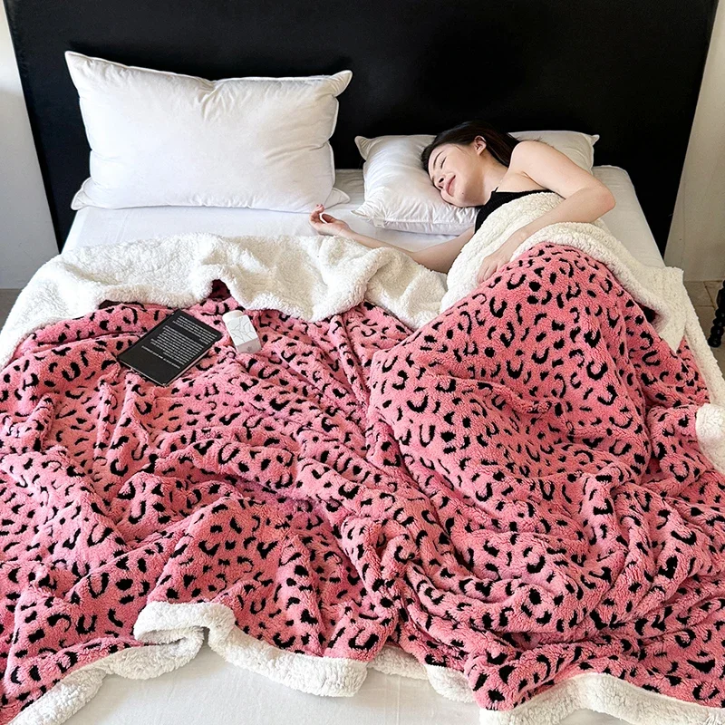 1Pc Leopard Jacquard Coral Plush Blanket Sherpa Lined Skin-Friendly Sofa Knee Blanket Cozy Vibes Nap Shawl for Office Car Travel