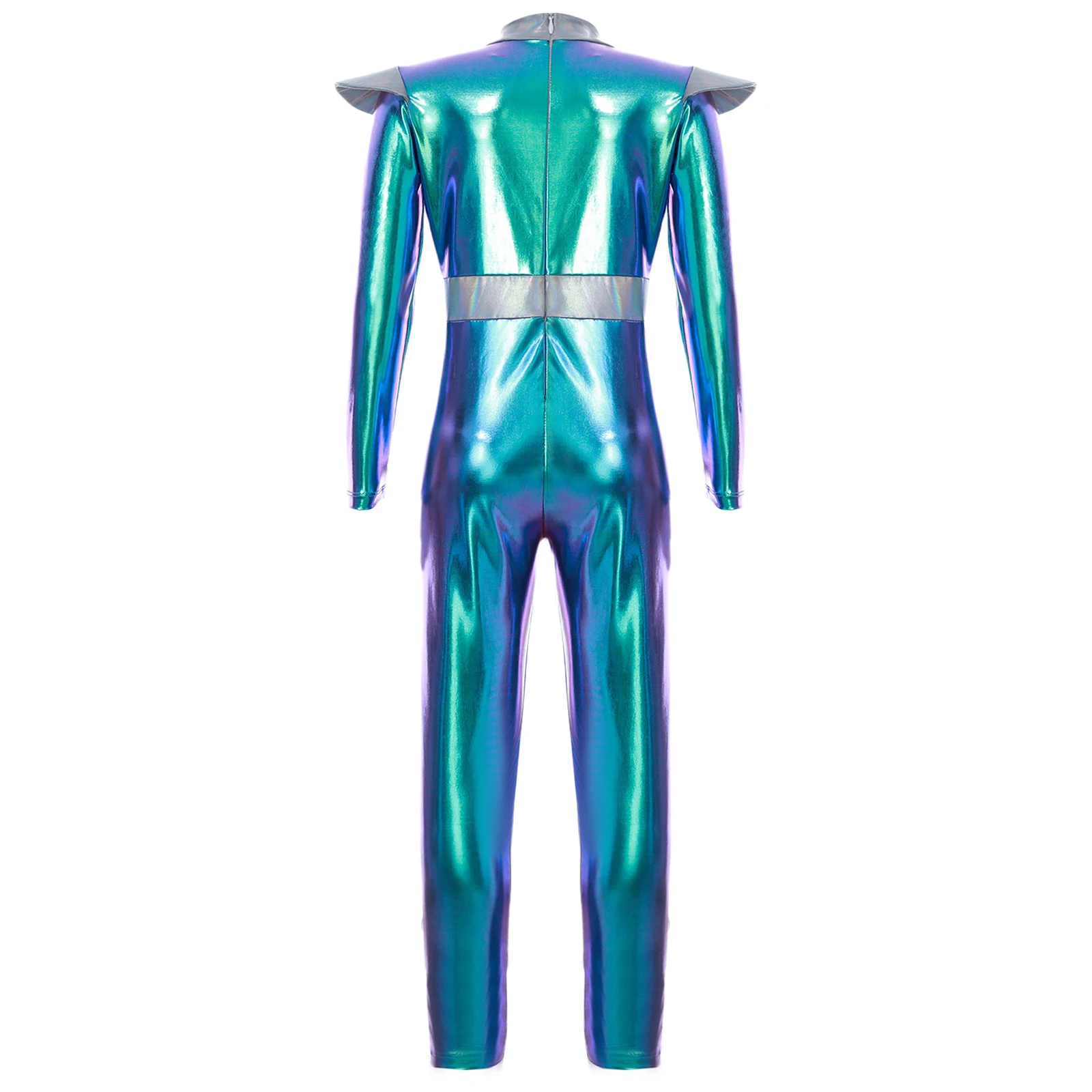 Disfraz de Alien Outerspace Future Robot para niños, monos Zentai metálicos brillantes de longitud completa, traje de fiesta temática de astronauta Tech