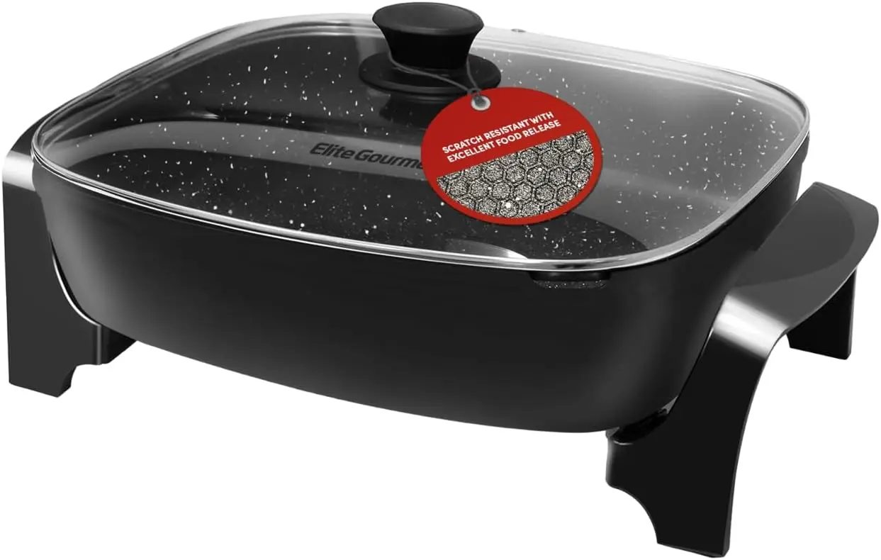 

6203# Extra Deep 16"x13"x3.2" (10.5Qt.) Scratch Resistant, Easy Pour Spout Dishwasher Skillet with Glass Vented Lid,Black