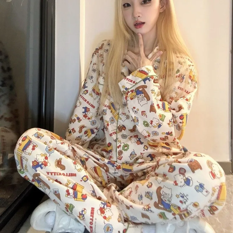 New Sanrio Hollo Kitty Cartoon Anime Long Sleeved Pajamas Women\'s Milk Silk Spring Autumn Cardigans Loose Casual Loungewear Set