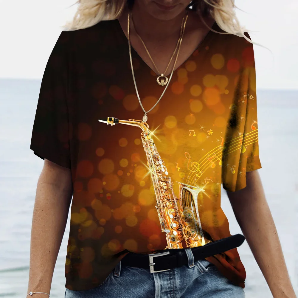 

Summer Women's T Shirt Sax Printed V-neck Cotton Short Sleeve Tops Fashion Music Art Pullover Casual Oversized Women's Clothing