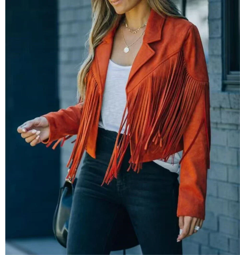 

Vintage Women's Fringe Cropped Cardigan - Hippie Biker Faux Suede Jacket with Tassels, Long Sleeve Retro Motor Outwear