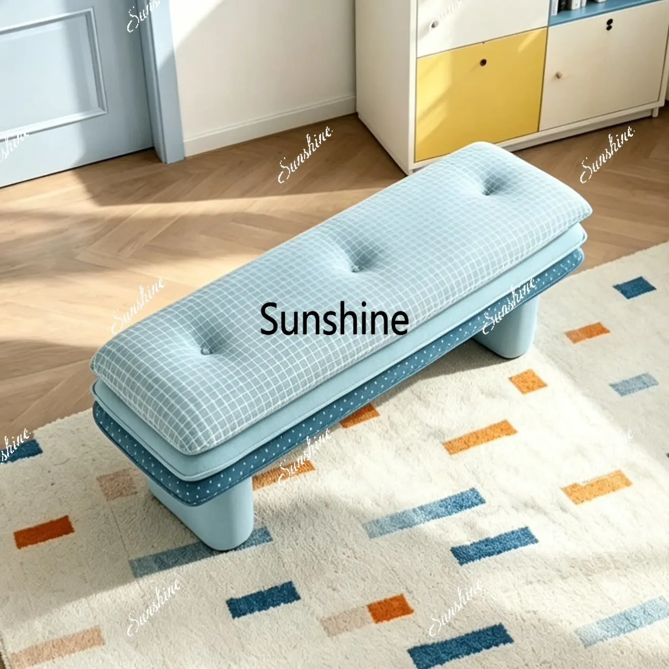 Side Office | Dopamine Three-layer Soft Bag Bench Blue Polka Dot Lattice Bedside Bench Bedroom Cream Wind Shoe Changing BenchTJ