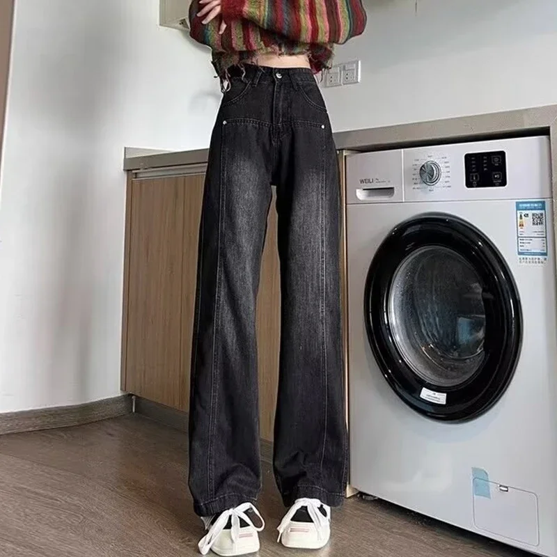Frau Neue Hohe Taille Vintage Verdicken Jeans Weibliche Casual High Street Thermische Flare Hosen Mädchen Mode Schwarz Grau Denim Hosen