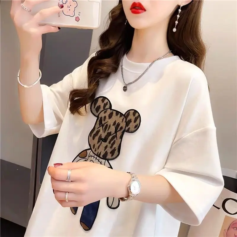 Mid Length Version Solid Color T-Shirts Ladies Casual Pullovers O-neck Summer Printing Women\'s Clothing Loose Short Sleeve 2024