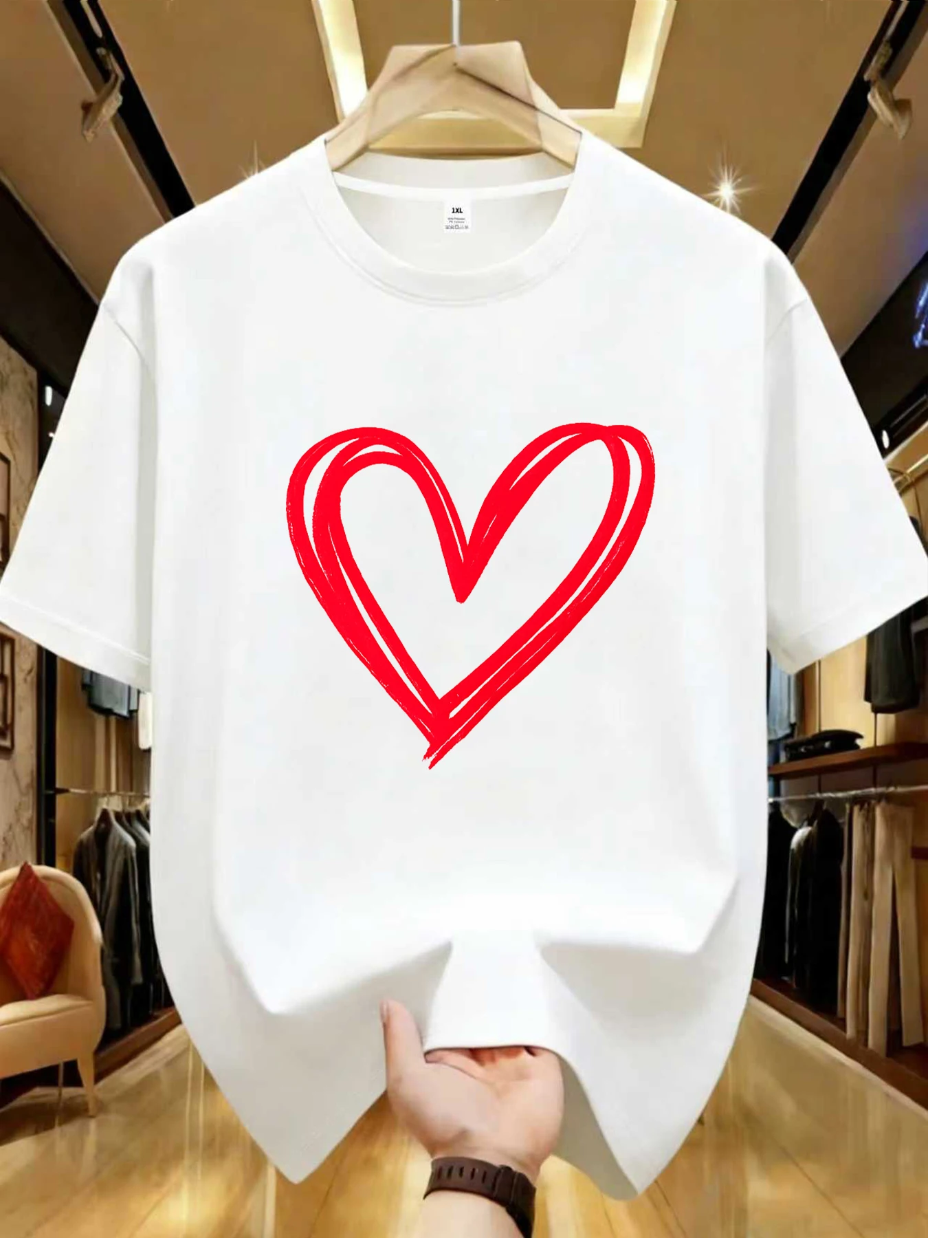 

【WDS0138】 Женская футболка с принтом в виде красного сердца, больших размеров, с круглым вырезом, летняя, повседневная, с коротким рукавом, в уличном стиле