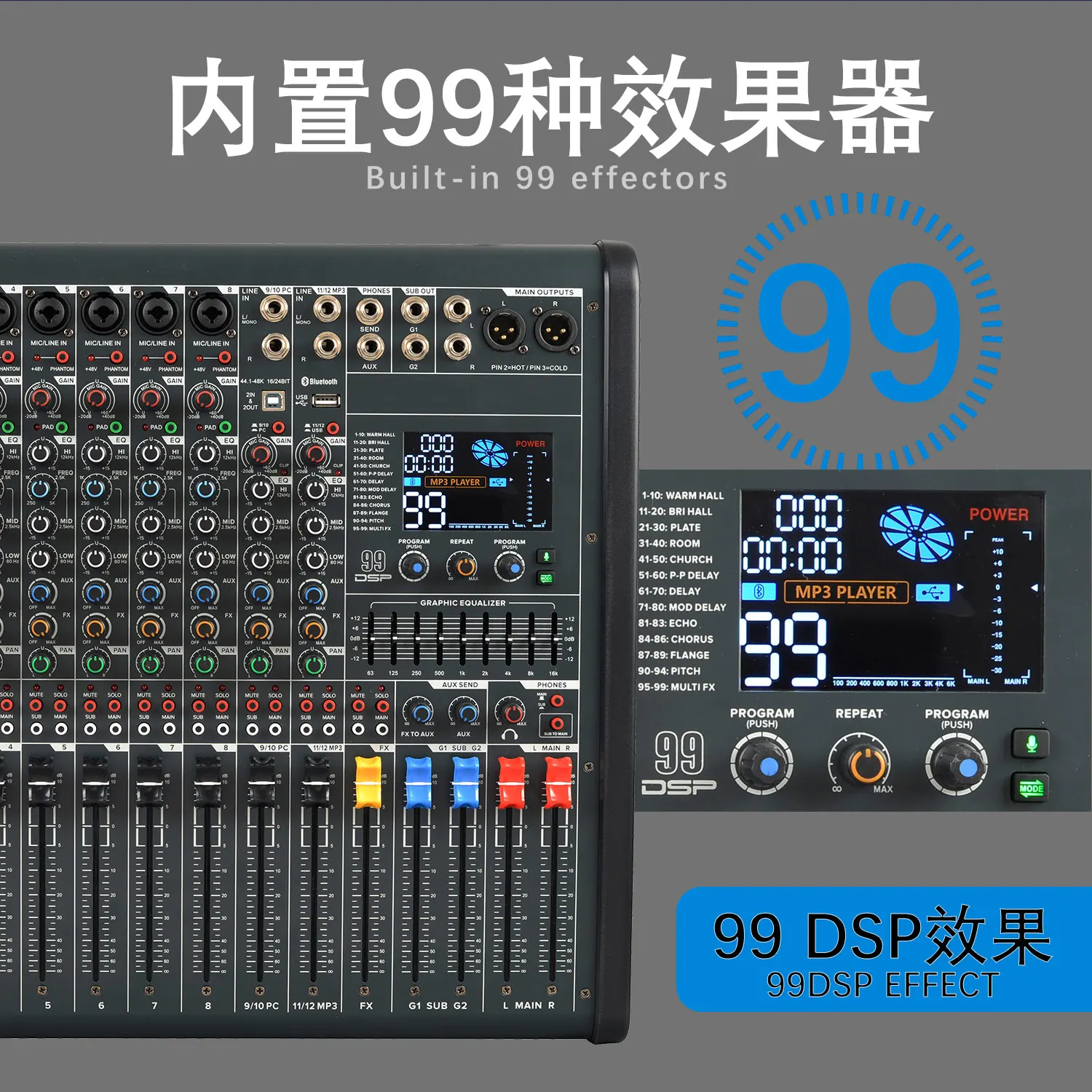 

GAX-KC 8/12/16 Professional Mixer with 99 DSP Reverb Effects, USB & Bluetooth Compatible for Meetings, Stages, Performances, and