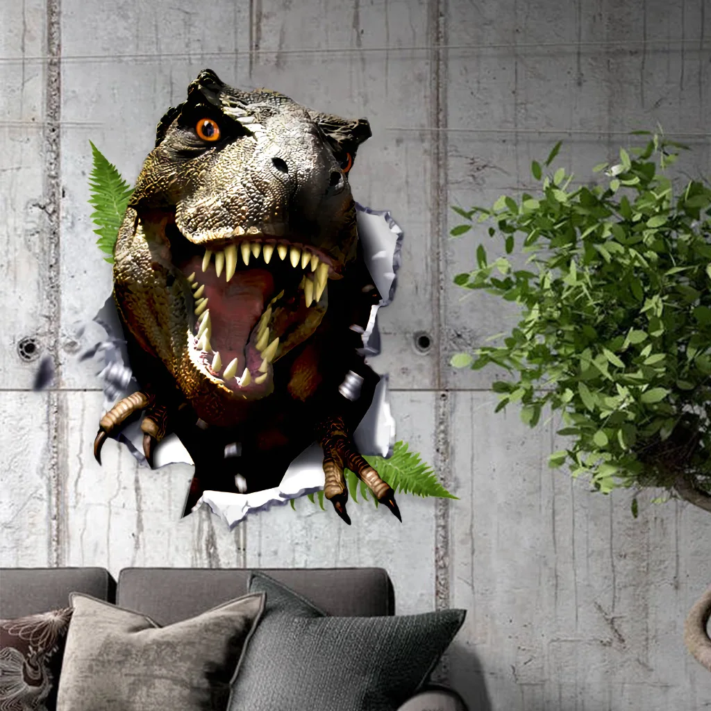 C27# 3D Dinosaur Broken Wall Sticker Kids Room Background Home Decoration Mural Living Room Wallpaper Funny Decal