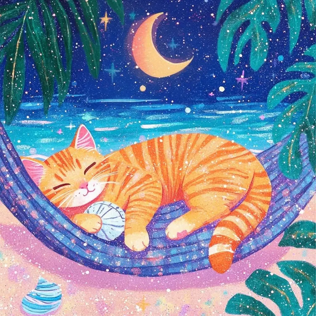 DIY Sleeping Orange Tabby Cat Beach Star Moon Diamond Painting Cozy Summer Modern Wall Decoration for Living Room and Bedroom