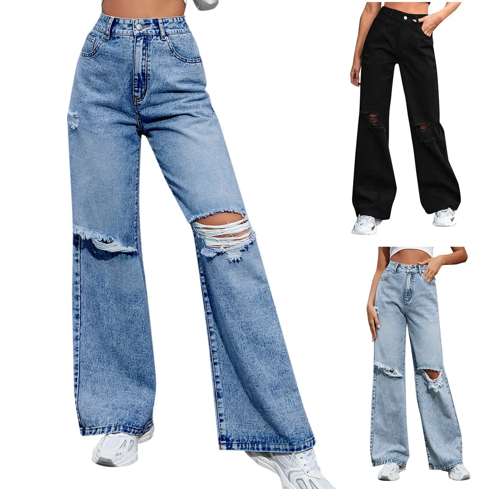 Eenvoudige rechte damesjeans, met scharniergespontwerp, losse stijl met hoge taille, modieuze casual jeans met zakken