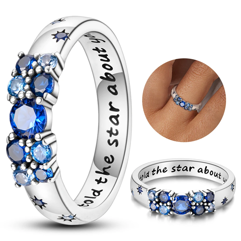 Hot Sale Original 925 Sterling Silver Woman Ring Galaxy Blue Zircon Sun Star Moon Wedding Stacking Ring Jewelry Gift For Women