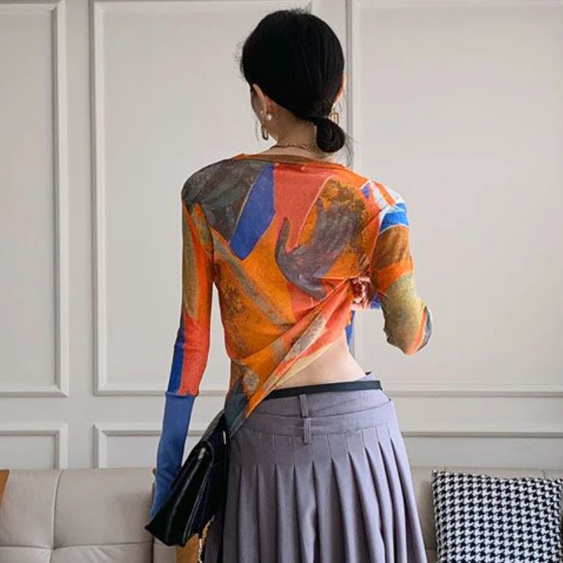 T-shirts Women Print Design Fashion Slim Simple All-match Sexy American Style Vintage Thin Summer Sun-proof Elegant Tender Daily