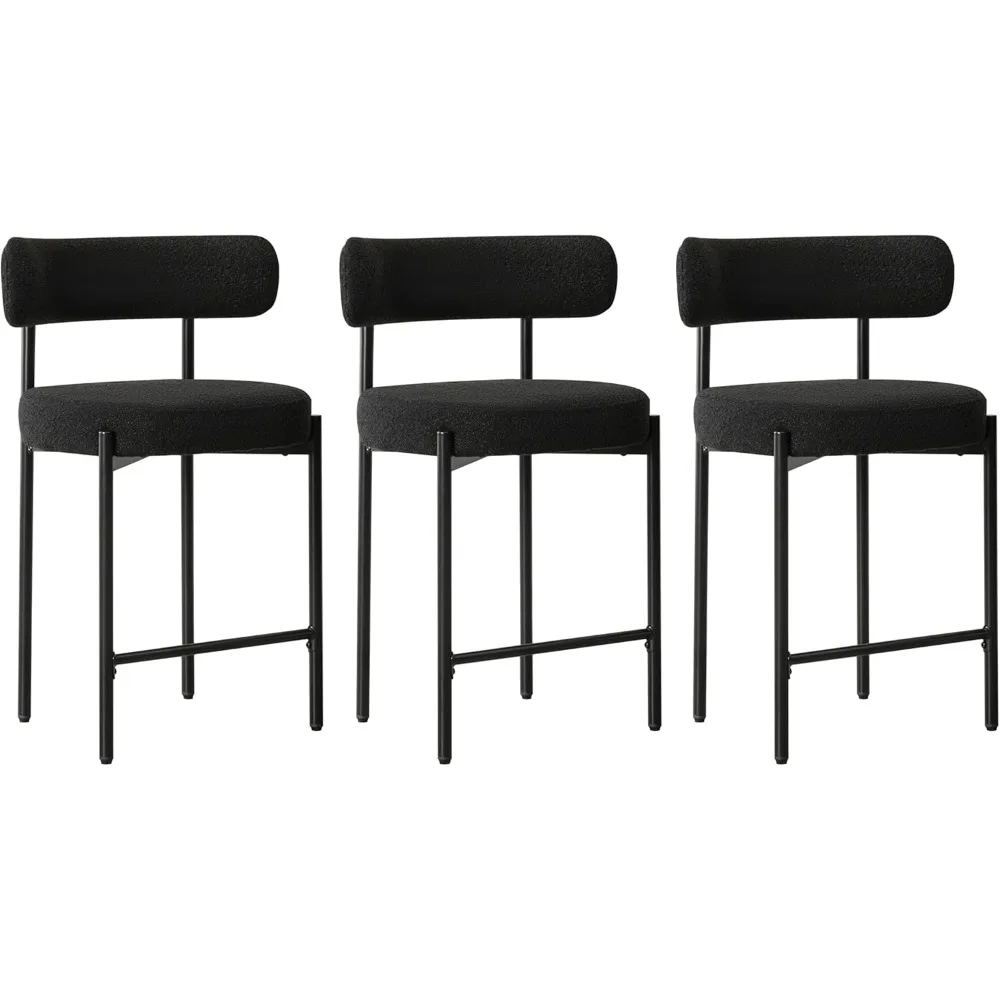 24'' Boucle Counter Stools Set of 3, Black Bar Stools with Backs, Counter Height Bar Stools for Kitchen Island/Kitchen Counter,