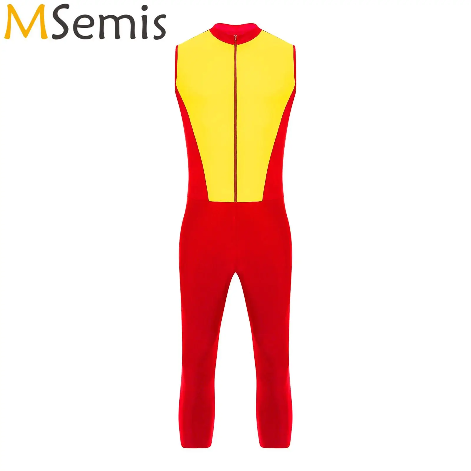 

Mens Color Block Patchwork Athletic Jumpsuit Wrestling Singlet Costumes Sleeveless Front Zipper Stretchy Calf Length Bodysuit