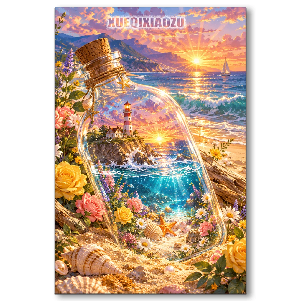 5D Full Drill Diamond Painting Kit Drift Bottle Seaside Lighthouse Sunset Landscape DIY Mosaic Cross Stitch Home Wall Decor Gift