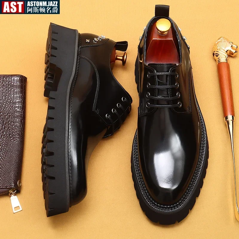 Men\'s Oxfords Genuine Leather Male Wedding Party Dress Shoes for Men Round Head Lace-Up Office Suit Formal Derby Shoes