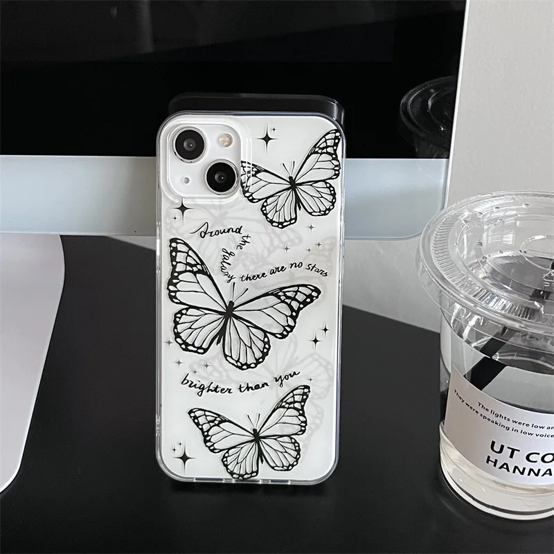 

For iPhone 14Promax 2023 New Ins Net Red Cool Style Black and White Butterfly Phone Hard Case 14Pro 13Promax 12 11