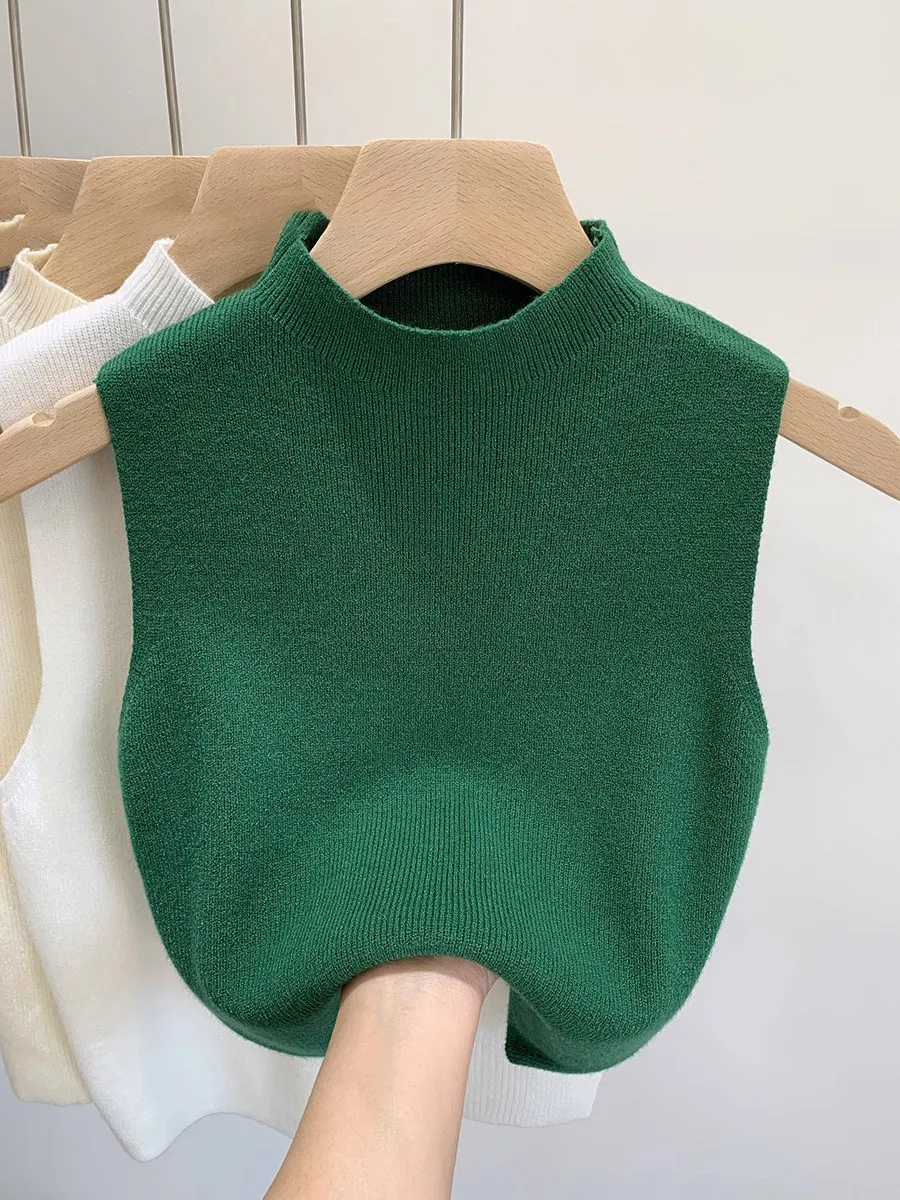

2026 New Summer Women Simple Casual Half High Collar Sleeveless Knitted Camisole Elastic Solid Color Short Vest Tops Outfits