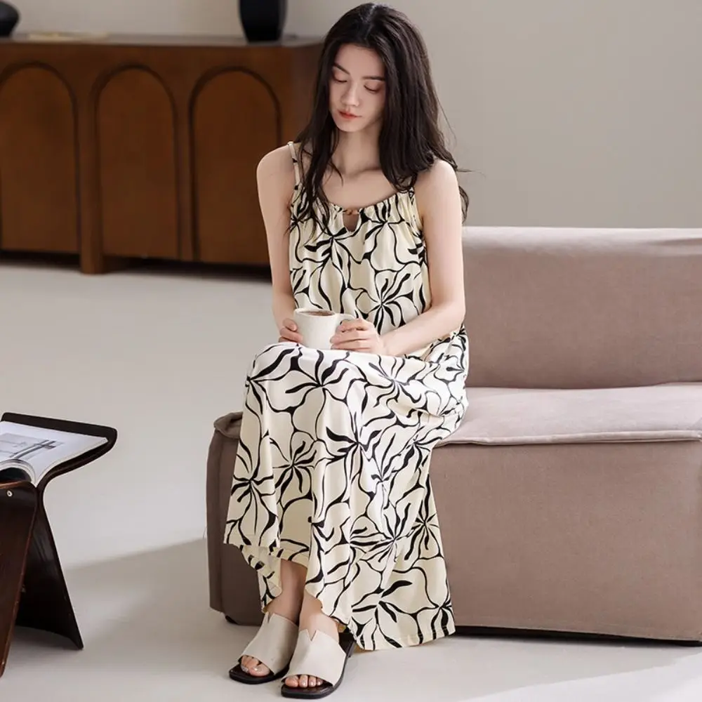 

Casual Modal Women's Pajama Dress Flower Sleeveless Suspender Nightdress Loose Sleepwear Sling Nightgown with Pads Summer