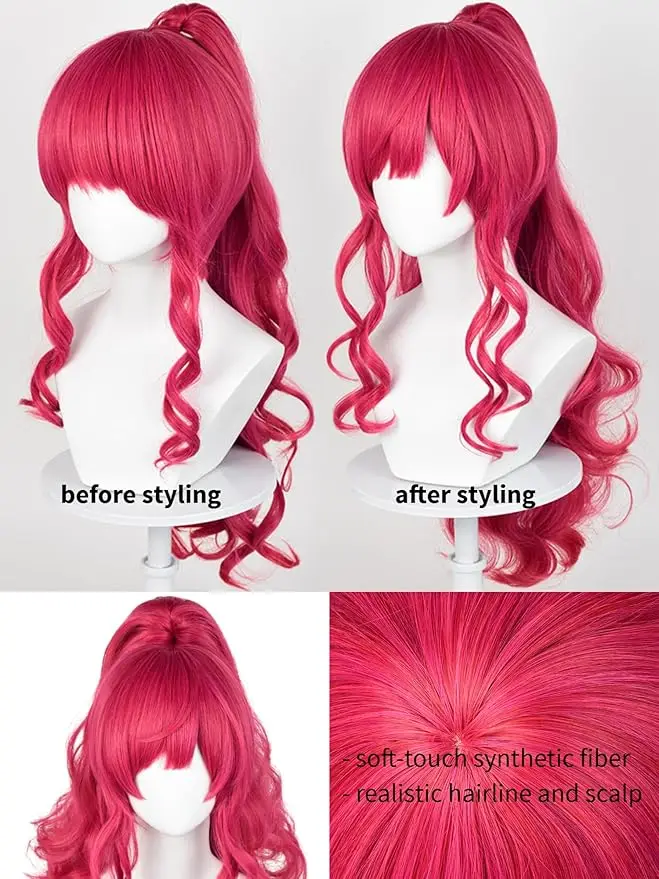 Długa Kręcona Peruka Cosplay z Grzywką w Kolorze Różowo-Czerwonym, Peruki Kucyk Anime w Kolorze Czerwono-Różowym, Urocze Peruki Kucyk dla Kobiet na Halloween