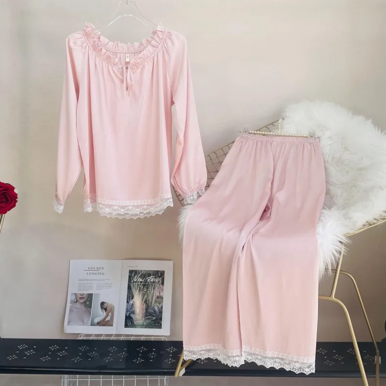 

2PCS M-XXL Women Pajamas Sets Sexy Lace Trim Rayon Pyjamas Suit Casual Loose Nightwear Sleepwear Thin Underwear Home Clothes