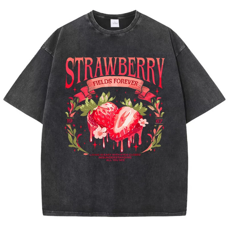 Straße Frauen Gewaschene T-Shirts Erdbeere Felder Für Immer Gedruckt T-shirts Bequeme Baumwolle Oversize T-shirts Sommer Weibliche Kleidung
