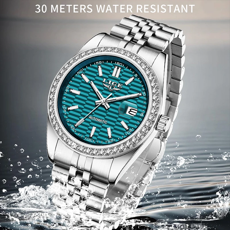ساعة رجالي LIGE فاخرة موضة مقاومة للماء مضيئة بحزام من الفولاذ المقاوم للصدأ ساعة ميكانيكية للرجال ساعة يد relogios masculino + BOX