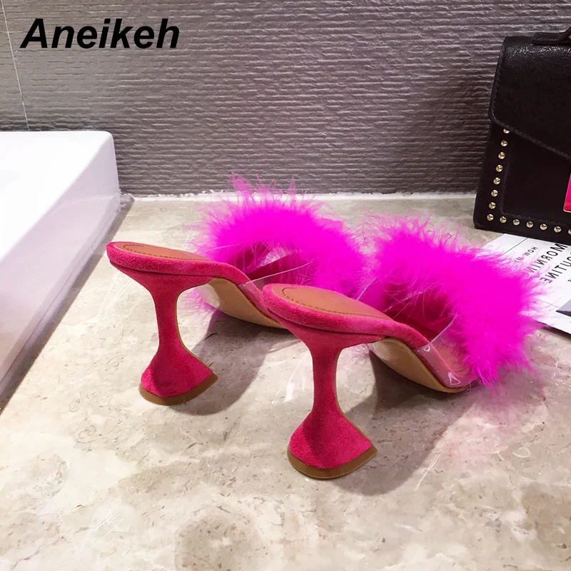 Aneikeh Fashion Fluffy Slippers Slides Women Square head Peep Toe Slip on Sandals Spike Heels Elegant Comfortable Ladies Shoes