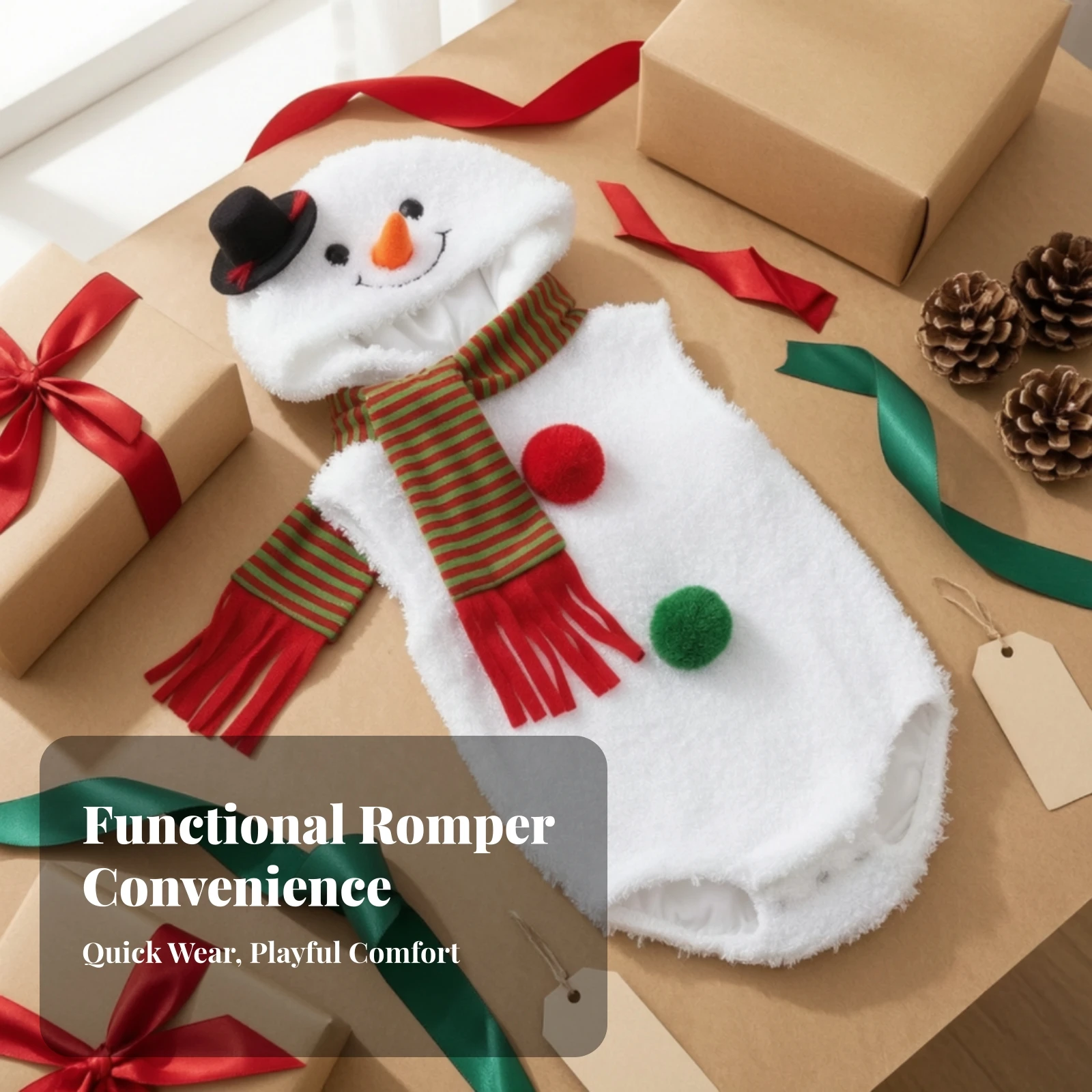 Snowman Romper with Scarf Fuzzy One-Piece Clothing Soft Apparel Cute for Babies, Christmas Photos, Holiday Portraits