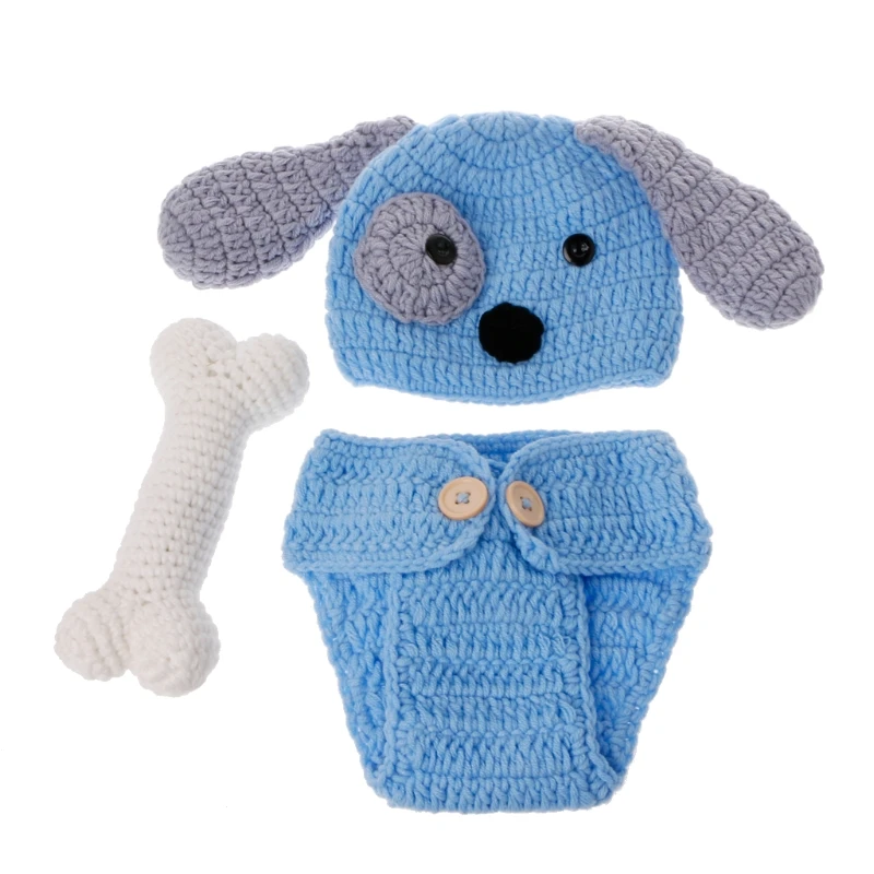 

Newborn Photography Props Crochet Hat Set Jammies Pajamas with Bone DIY Studio Accessories Blue Handmade