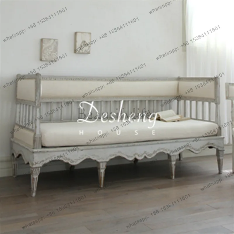 French retro old solid wood sofa hand-carved living room straight row leisure sofa