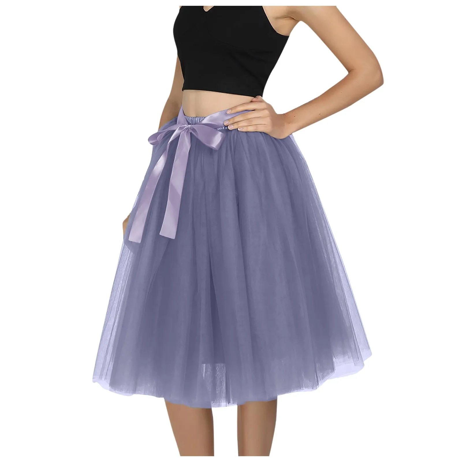 Women Elegant Tulle Skirt Bow Knee-Length Tulle Skirts Solid color High Waist Pleated Skirt Prom Party Gown Skirts Stage Perform